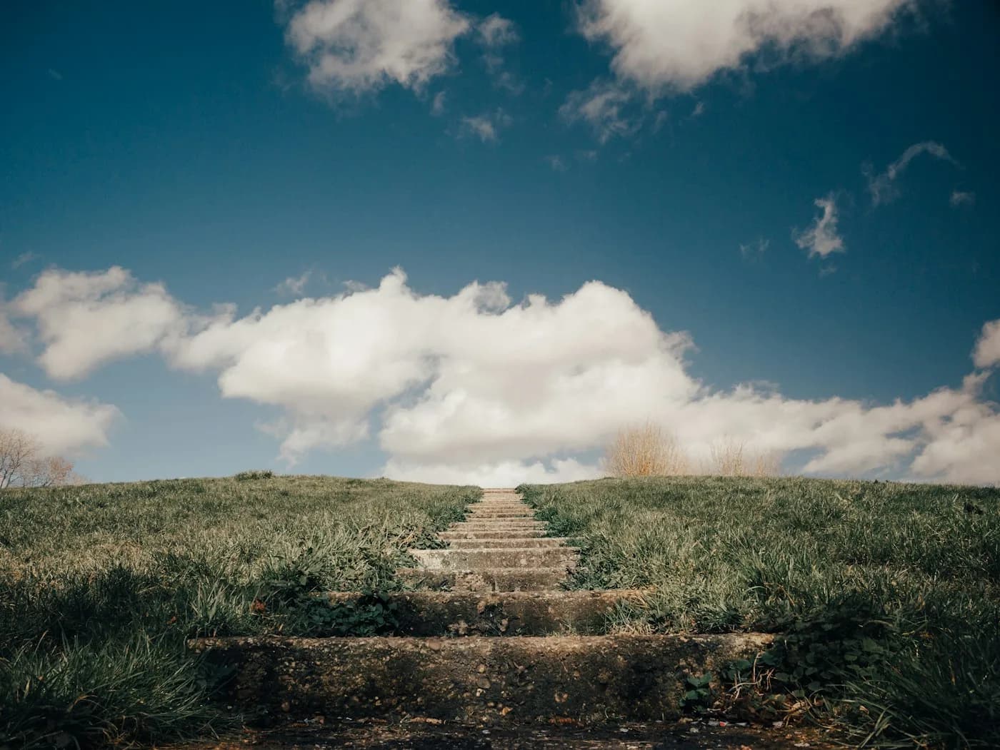Treppe zwischen Wiesen unter blauem Himmel – Symbolbild für den Weg in die Cloud.