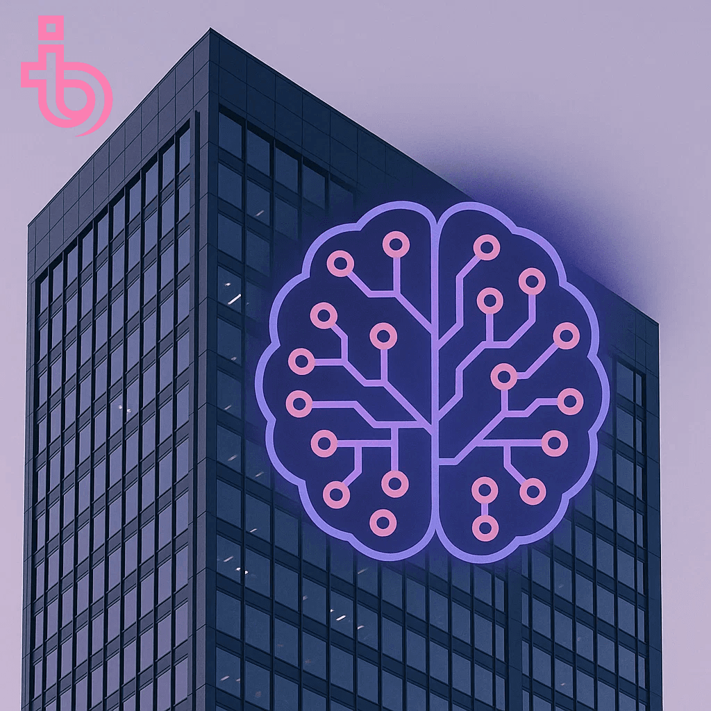 Hochhaus mit digitalem KI-Symbol – Darstellung für künstliche Intelligenz, Governance und FINMA-Regulierung im Schweizer Finanzsektor.