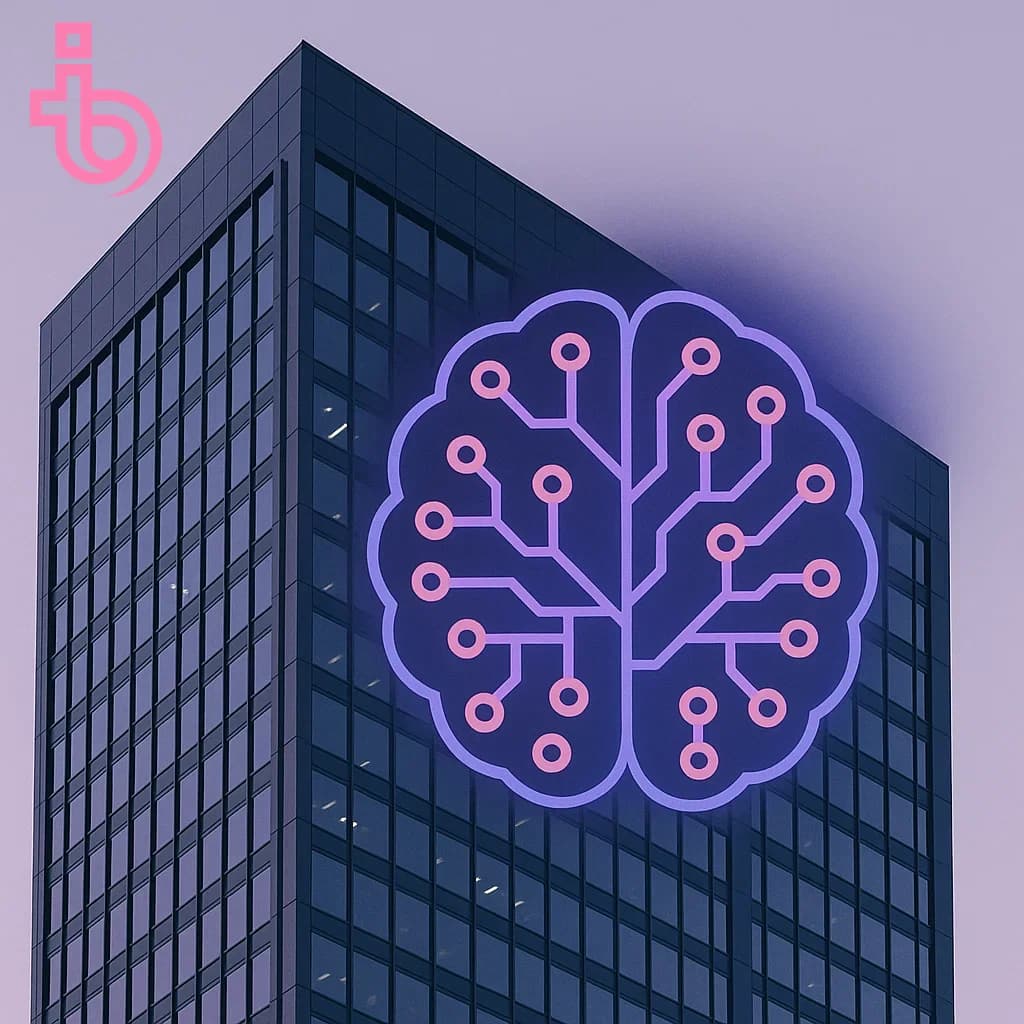 High-rise building with digital AI symbol – representing artificial intelligence, governance, and FINMA regulation in the Swiss financial sector.