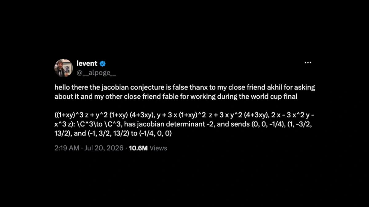 X-Post des Mathematikers Levent Alpoge mit dem Gegenbeispiel zur Jacobi-Vermutung, gefunden von Claude Fable während des WM-Finals.