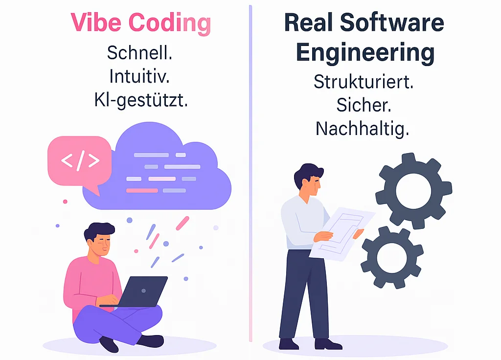 Vergleich zwischen Vibe Coding und echtem Software Engineering – Qualitätssoftware Entwicklung.